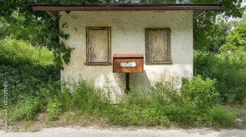 Overgrown rustic building with rusty mailbox weathered exterior