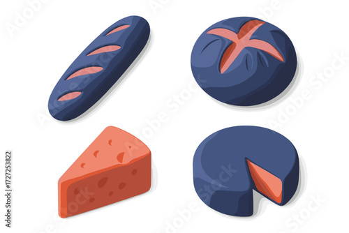 Contemporary graphic design featuring a variety of bread loaves and cheese wedges in vibrant blue and orange colors