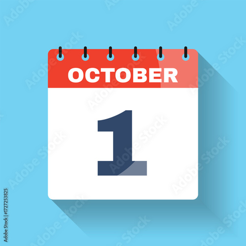 October 1 flat calendar icon with shadow