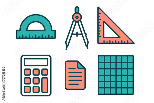 Essential educational and office supplies featuring geometry instruments, protractor, compass, set square, calculator, and document icons