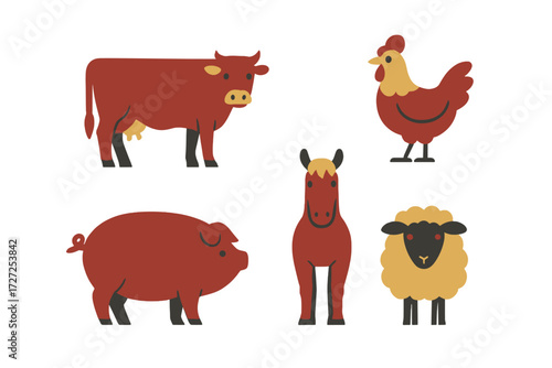 Collection of various farm animals including cow, chicken, pig, horse, and sheep in a simple graphic style