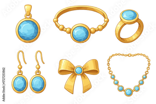 Shiny gold jewelry collection featuring elegant blue gemstones, precious metal accessories, and decorative ornaments