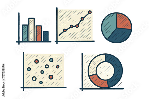 Diverse collection of business data visualization charts and graphs including bar, line, pie, scatter, and donut charts for analysis