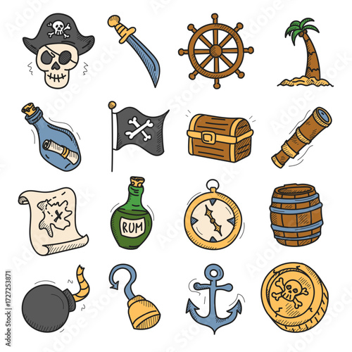 Pirate doodle icon set vector isolated. Collection of hand-drawn symbols of pirates life. Funny and cute doodle icons. Pirate hat, treasure chest, skull and bones. Bottle of rum.