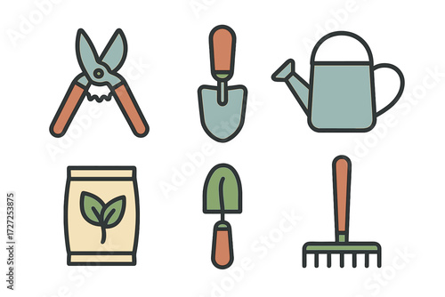 Assortment of essential gardening tools and equipment including pruning shears, hand trowel, watering can, and rake for planting and cultivation