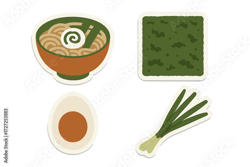 Traditional Japanese ramen noodle soup bowl with nori seaweed, boiled egg, and fresh green onion ingredients, delicious Asian cuisine
