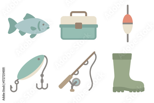 Collection of fishing equipment and gear including rod, reel, lure, bobber, tackle box, fish, and boot