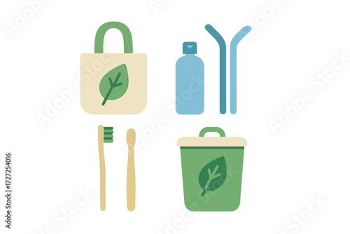 Eco-friendly lifestyle items with reusable bag, water bottle, straws, bamboo toothbrushes, and recycling bin