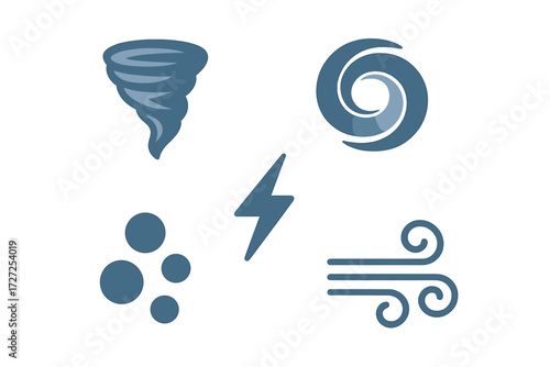Modern symbols depicting various weather conditions and natural phenomena including wind, storm, lightning, and rain