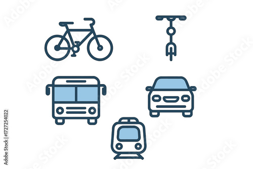 Diverse public and private transportation vehicles for urban mobility, travel options, and city transit modes