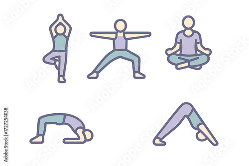 Set of diverse yoga poses including tree pose, warrior, lotus, bridge, and downward dog for exercise and mindfulness