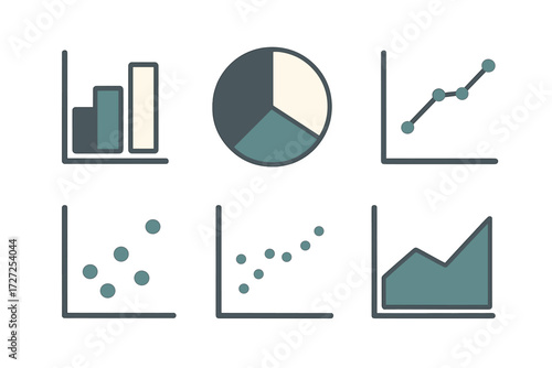 Modern collection of diverse data visualization diagrams including bar, pie, line, and scatter plots for business analysis and reporting