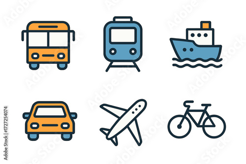 Colorful transportation symbols featuring bus, train, ship, car, airplane, and bicycle for various travel and mobility concepts