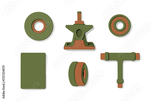 Stylized geometric abstract industrial shapes and mechanical components in earthy green and brown colors on a clean white background