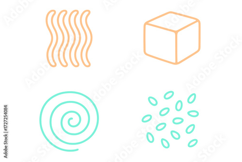Dynamic abstract composition featuring geometric and organic shapes, including wavy lines, a prominent spiral, a cube, and scattered ovals