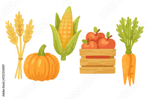 Abundant autumn harvest of fresh organic vegetables, fruits, and grains for Thanksgiving and fall season