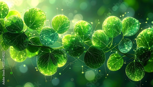 Vibrant green leaves, glowing with light