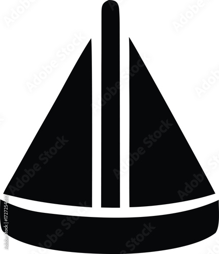 Simple black silhouette of a sailboat with a single mast and triangular sails representing maritime travel and nautical adventures
