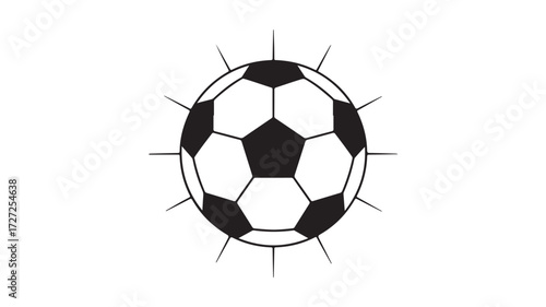 Dynamic black and white soccer ball design with radiating spikes, perfect for sports promotions, team branding, or energetic athletic themes, conveying power and excitement