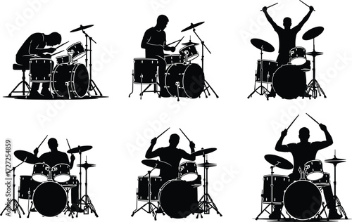 Drummer, drumming, drum set, percussion, silhouette, music, performance, rhythm, concert, band, energy