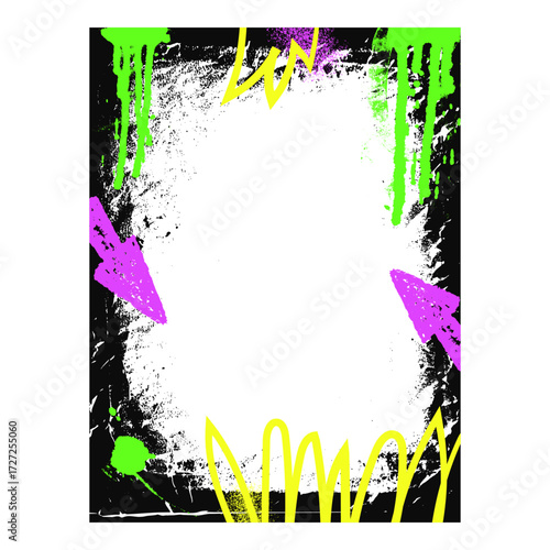 Grunge black frame template with arrow and aerosol paint. Graffiti spray art layout background. Retro texture poster. Vector hip hop wall cadre.