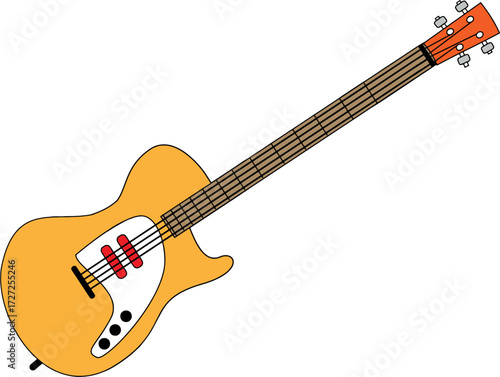 A vibrant yellow electric bass guitar on a black background