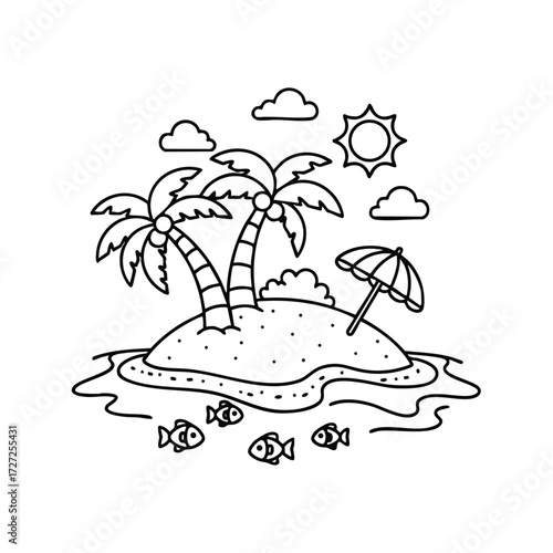 A serene tropical island scene featuring palm trees, a sun, clouds, and fish swimming in the water.