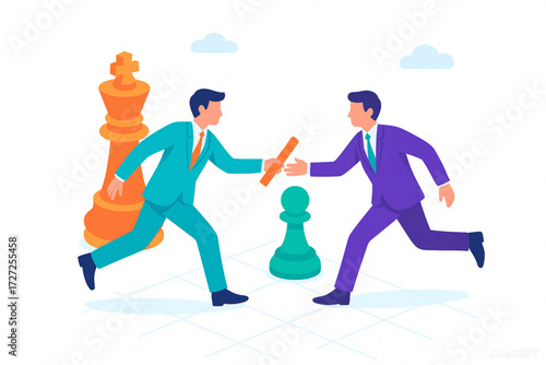 Business team passing baton for success in competitive strategy with chess pieces nearby