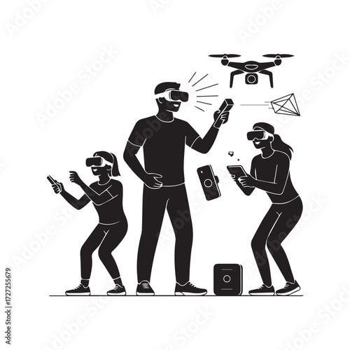 Vector art of people using virtual reality headsets and controllers, with a drone flying above