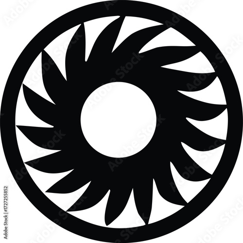 Circular emblem with jagged petals or spokes radiating from a central circle and enclosed by an outer ring