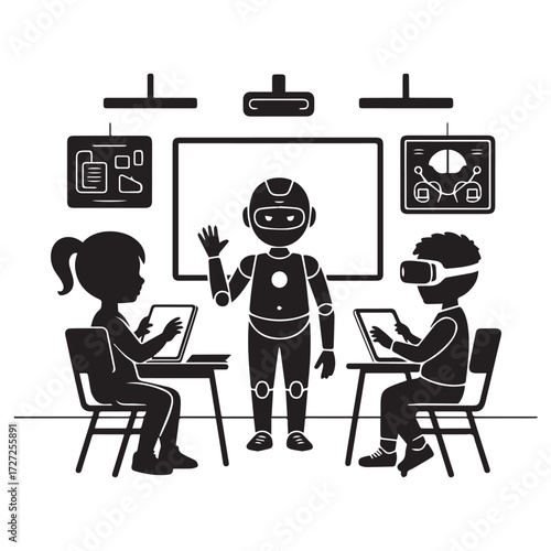 Vector art of robot teaching children in a classroom with vr headsets and laptops