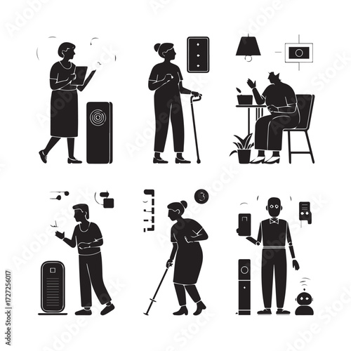 Vector art of set of black and white illustrations depicting people interacting with smart home devices and technology