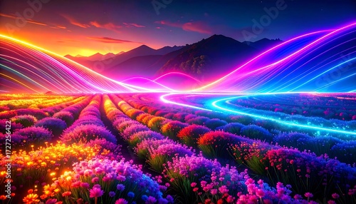 Vibrant lavender field, glowing trails, vibrant sunset