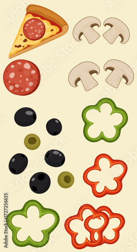 A collection of pizza ingredients including a slice pepperoni olives mushrooms and bell pepper rings