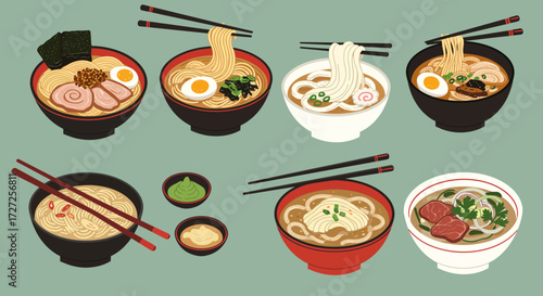 A collection of seven illustrated bowls of Asian noodle soups with chopsticks