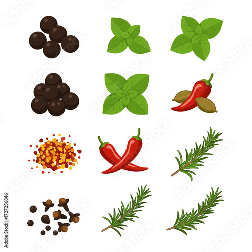 A grid displaying illustrations of black peppercorns basil chili peppers crushed red pepper cloves and rosemary
