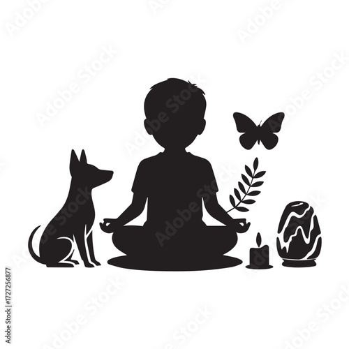 Vector art of silhouette of a child meditating in lotus pose with a dog, butterfly, plant, and crystal