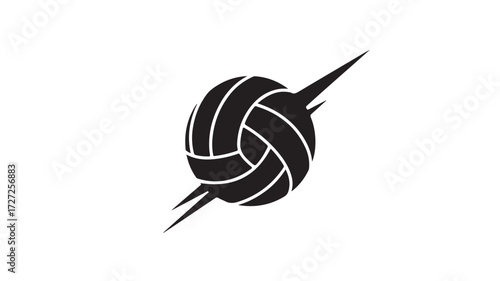Dynamic black volleyball icon with sharp, energetic streaks symbolizing powerful movement and athletic competition, perfect for sports branding.