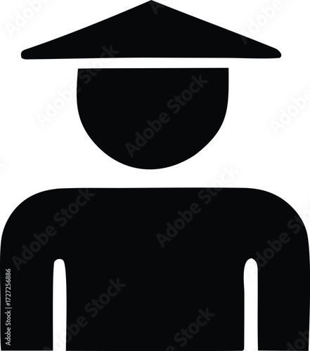 Simple black silhouette icon of a person wearing a conical asian hat and upper torso simple person icon representing asia farming culture or travel