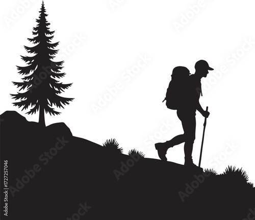 Silhouette hiker with backpack and trekking pole on grassy hill