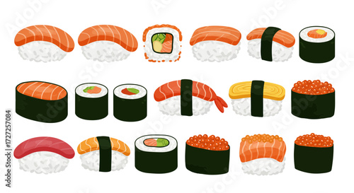 A variety of colorful cartoonstyle sushi pieces arranged in three rows
