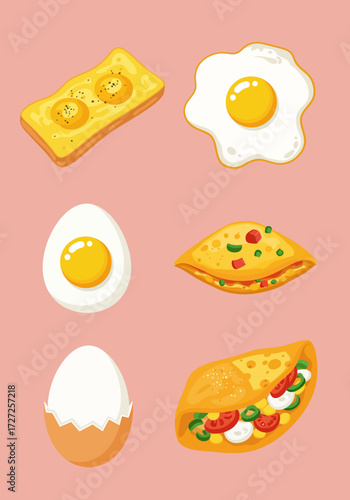 Assortment of cartoon egg dishes and whole eggs on a pink background