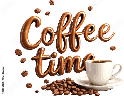 “Coffee time” with beans and steaming cup in glossy brown lifestyle illustration for café and cozy moments