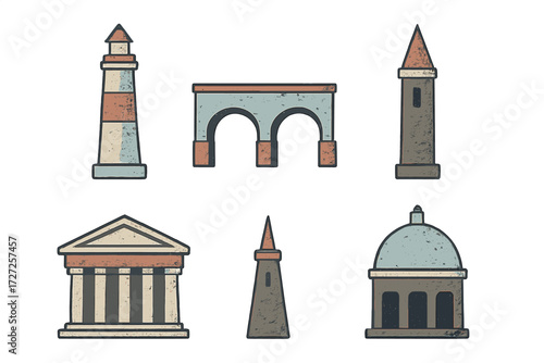 Architectural landmarks and historical building elements including lighthouse, dome, and classical facade