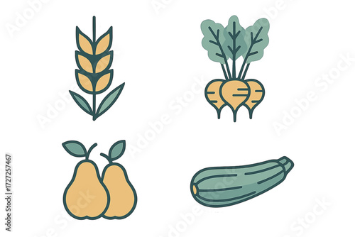 Colorful collection of fresh organic farm produce including golden wheat, vibrant root vegetables, sweet pears, and green zucchini