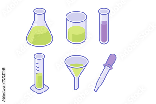 Isometric laboratory glassware set with chemical beakers, test tubes, graduated cylinder, funnel, and dropper