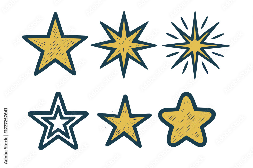 Obraz premium Collection of hand drawn star shapes featuring distinct styles and textures, ideal for graphic design projects and creative applications