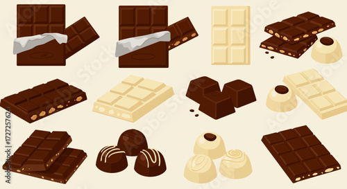 Assortment of dark milk and white chocolate bars and assorted candies
