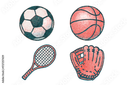 Collection of various sports equipment including soccer ball, basketball, tennis racket, and baseball glove for athletic activities