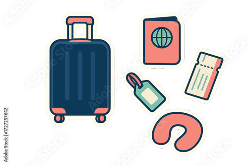 Collection of essential travel items for a global adventure including luggage, passport, boarding pass, and a comfortable neck pillow